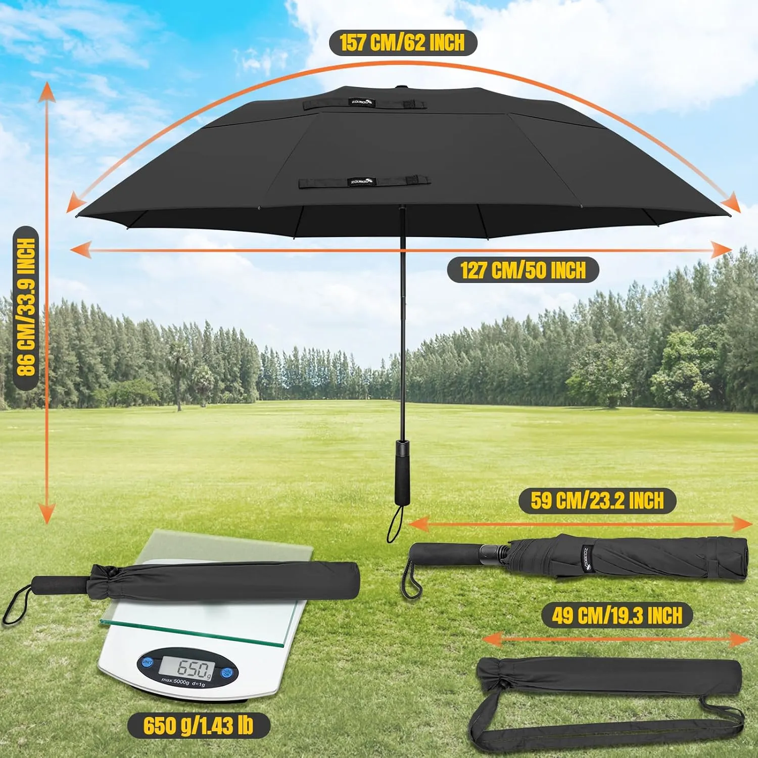ZOMAKE Compact Golf Umbrella 62 Inch, Automatic Foldable Large Travel Golf Umbrellas Windproof Double Canopy Vented Collapsible for Men Women